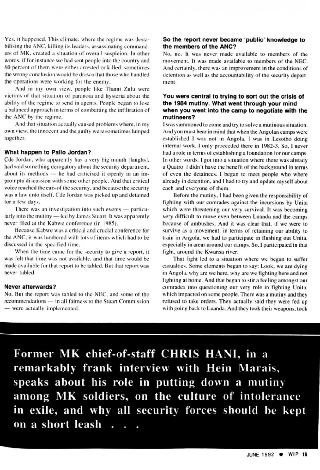 Article from Work in Progress magazine from June 1992 on Chris Hani, second page..