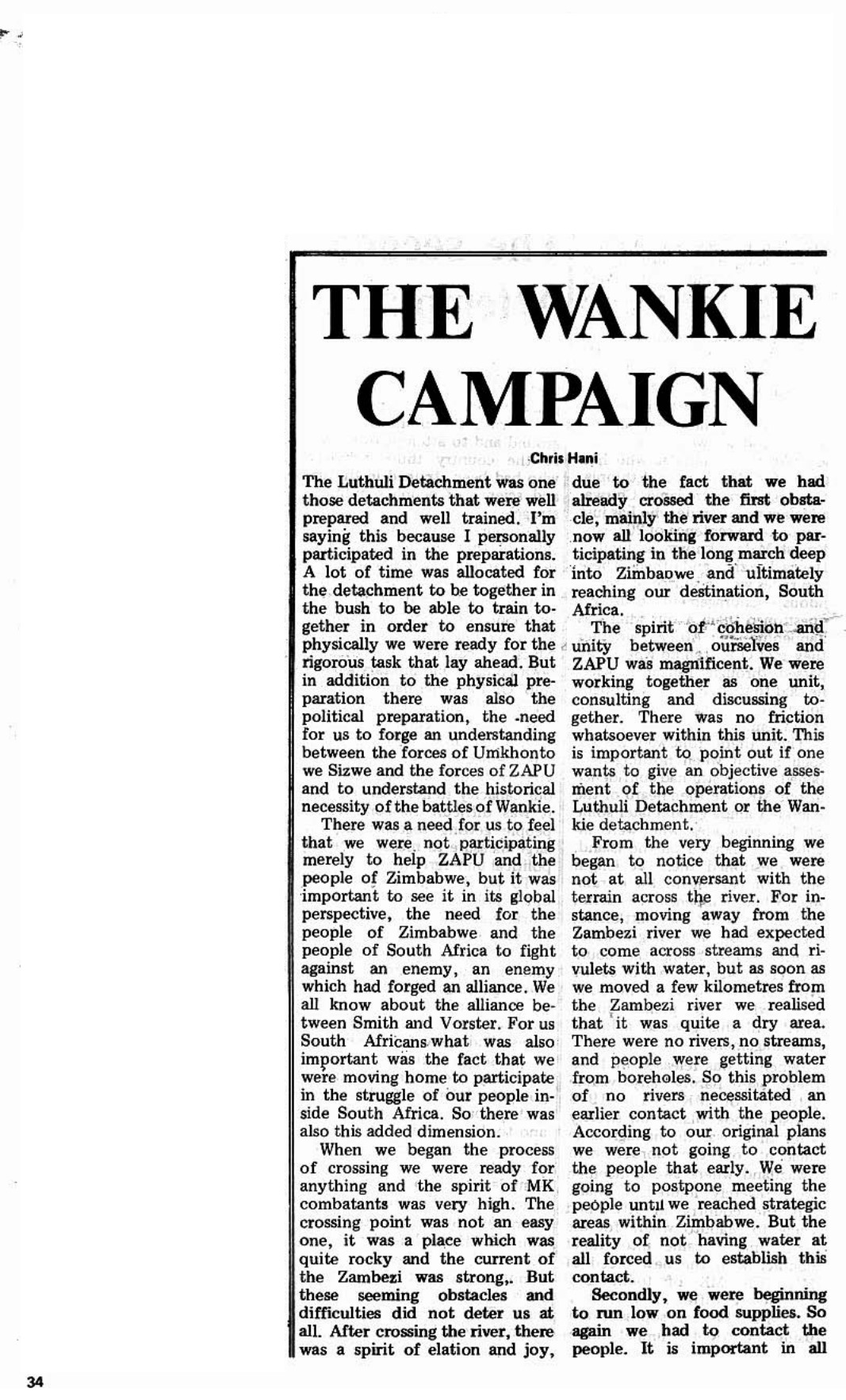 First page of article on The Wankie Campaigns published in 1986 in the journal Dawn