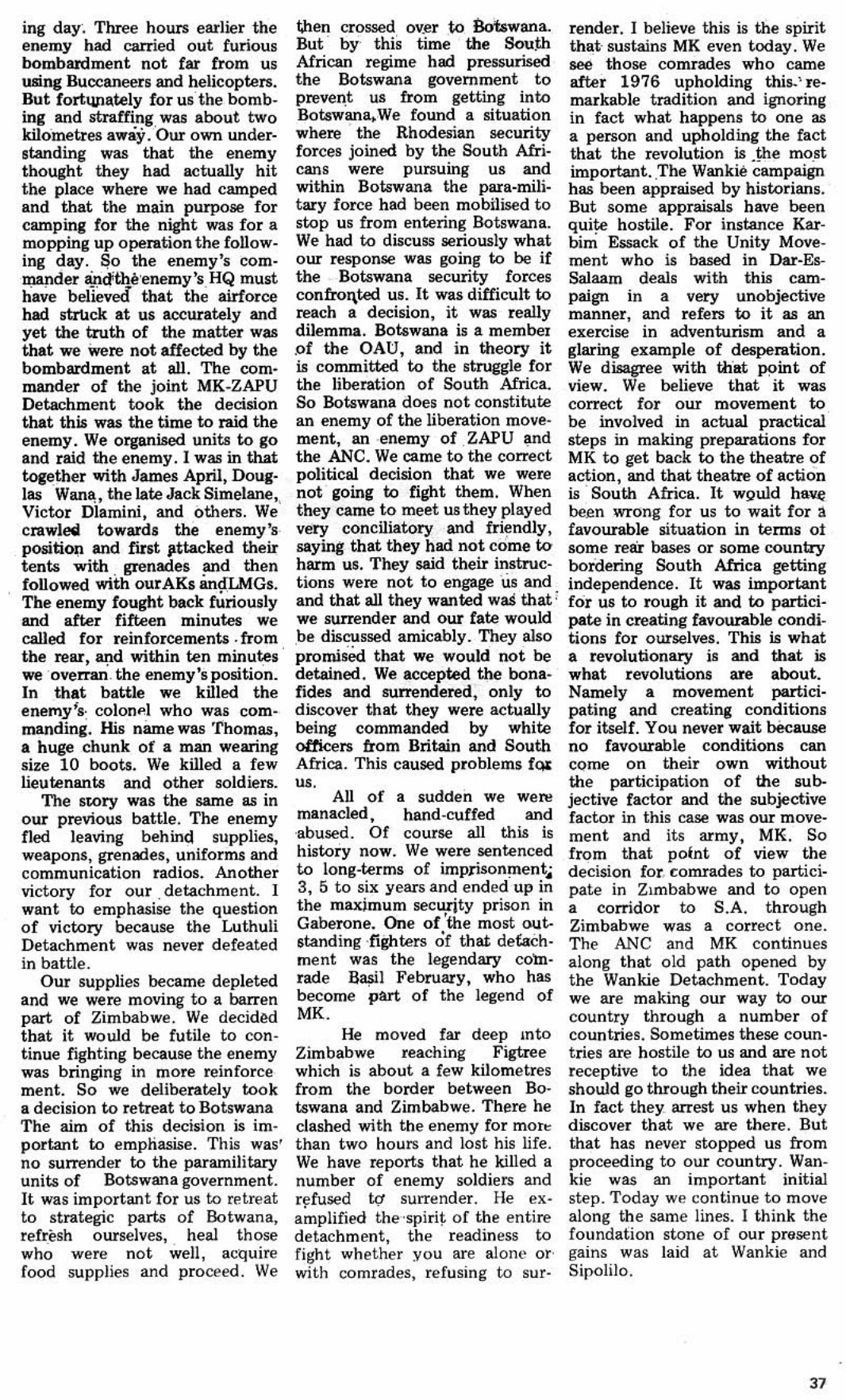 Fourth and final page of article on The Wankie Campaignas published in 1986 in the journal Dawn