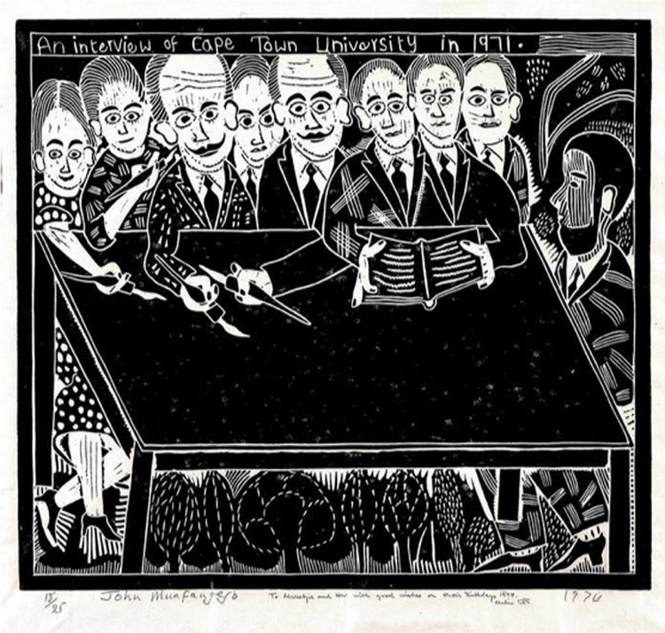 Image of a lino-cut artwork by John Muafangejo titled An interview at the University of Cape Town (1971)