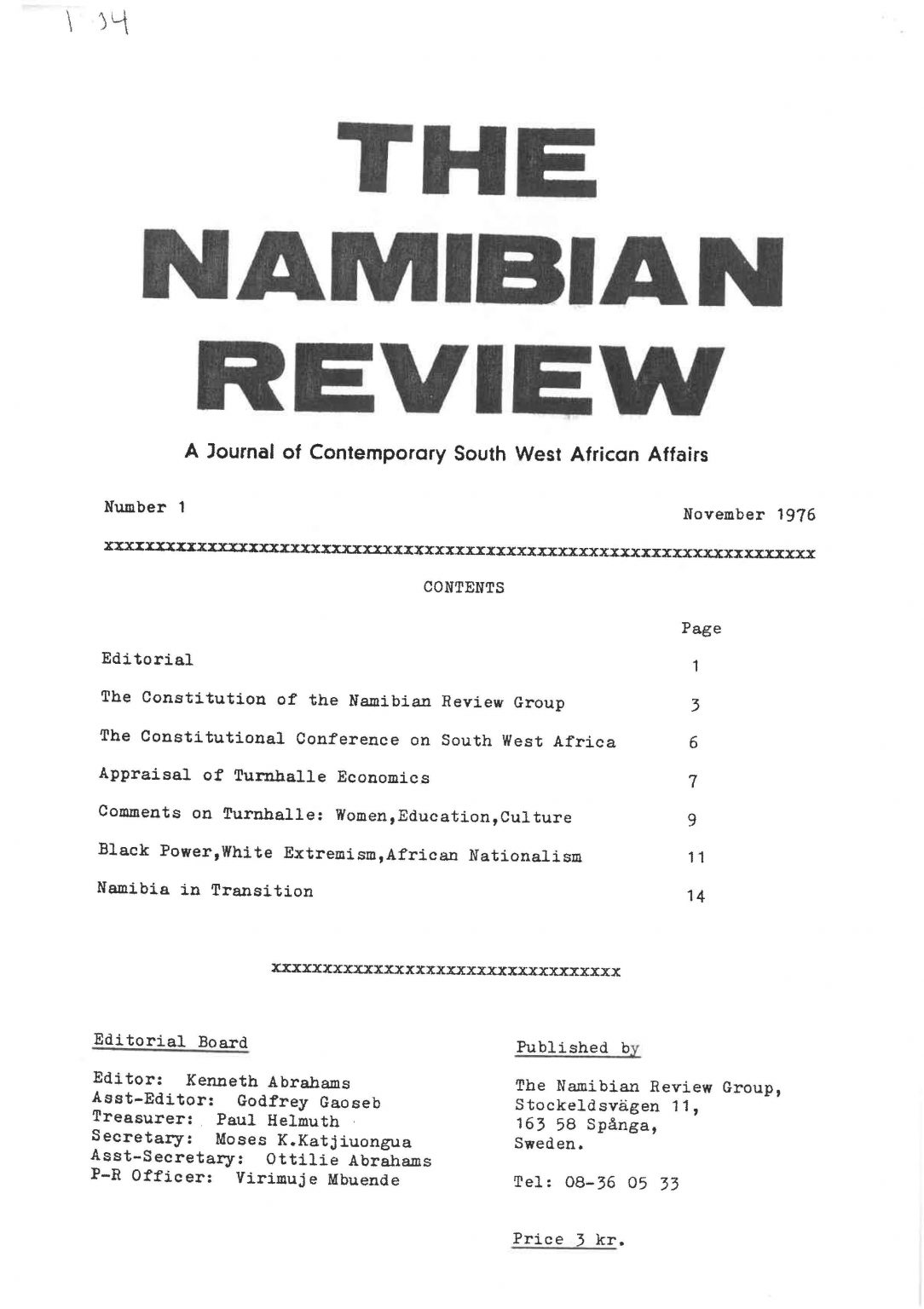 Cover of The Namibian Review. no. 1