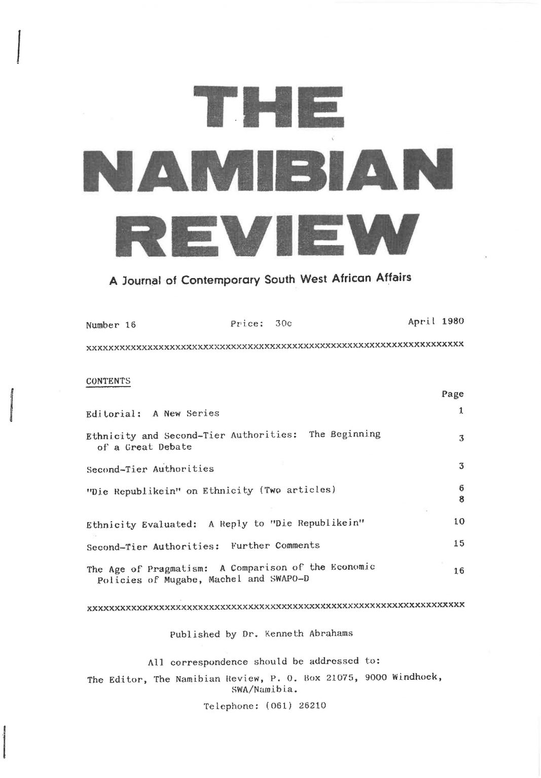 Cover of The Namibian Review. no. 16