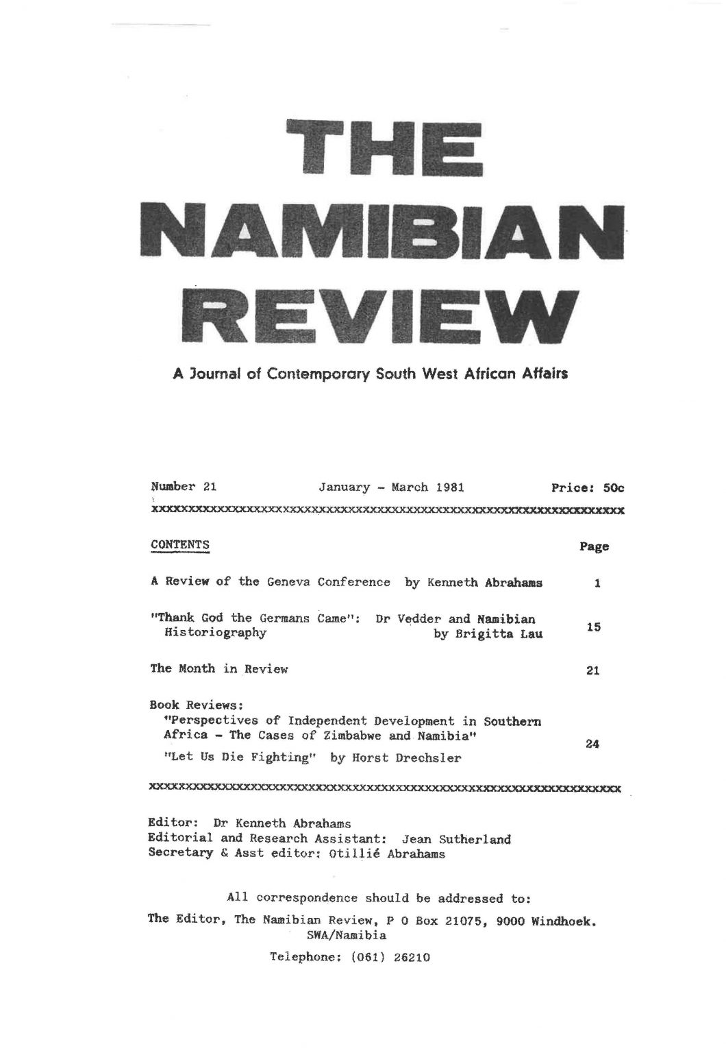 Cover of The Namibian Review. no. 21