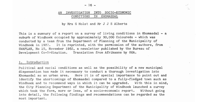 Excerpt of article titled An Investigation into Socio-Economic Conditions in Khomasdal from The Namibian Review, No.22, (April-June 1981), No.27 (Jan-Mar 1981).