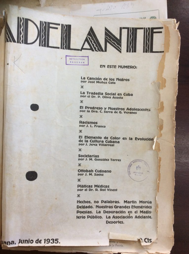Front page of Adelante (June 1935) with contents of the publication.